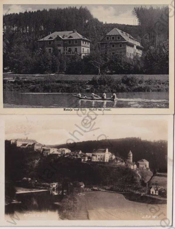  - 2 ks pohlednic: Rataje nad Sázavou (Kutná Hora), hotel na Iváni, hrad, zámek