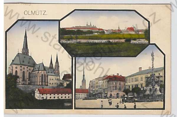  - Olomouc - Olmütz, více záběrů: náměstí, kostel, celkový pohled, litografie, kolorovaná