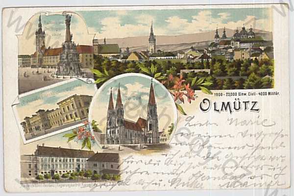  - Olomouc - Olmütz, více záběrů: náměstí, radnice, sloup, kostel, nádraží, biskupská rezidence, celkový pohled na město, litografie, kolorovaná, DA