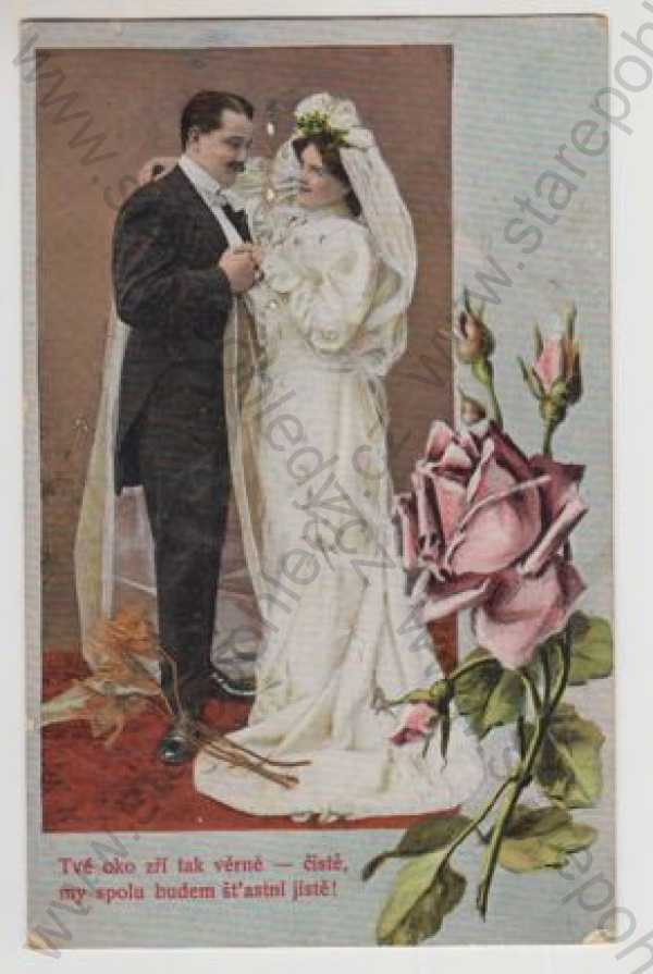  - Milostné páry, muž, žena, svatba, květina, růže, kolorovaná