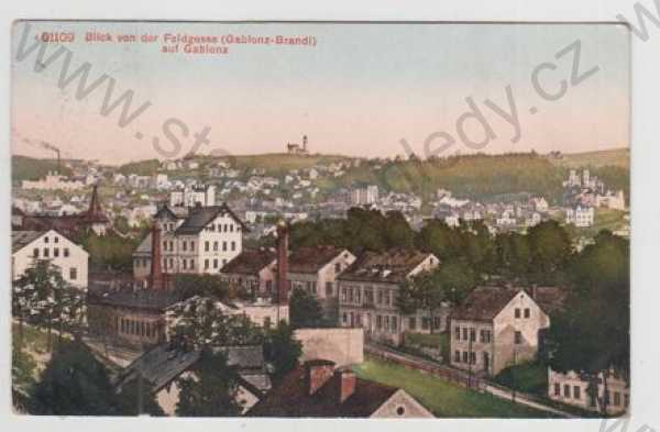  - Jablonec nad Nisou (Gablonz a, N.), částečný záběr města, pohled ulicí, kolorovaná