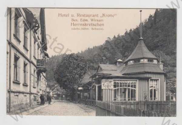  - Hřensko (Herrnskretschen) - Děčín, pohled ulicí, restaurace, hotel