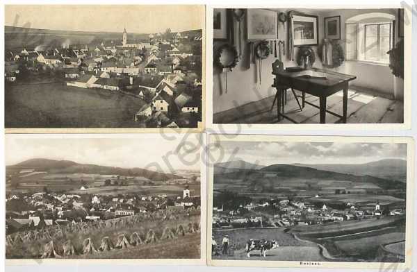  - 4x pohlednice: Husinec, Prachatice, pohled na město, rodná světnička Jana Husi
