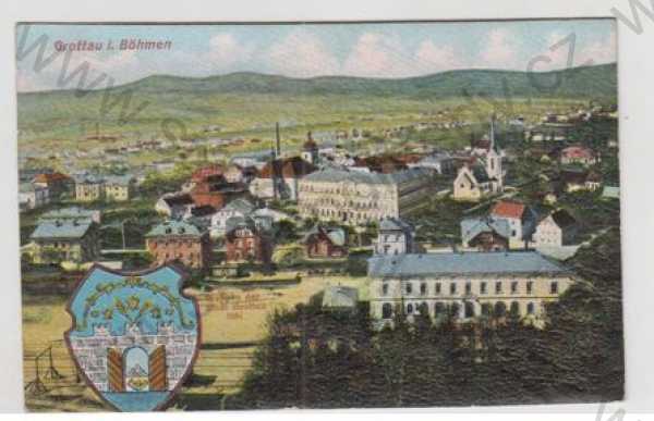 - Hrádek nad Nisou (Grottau) - Liberec, celkový pohled, erb, plastická karta, kolorovaná