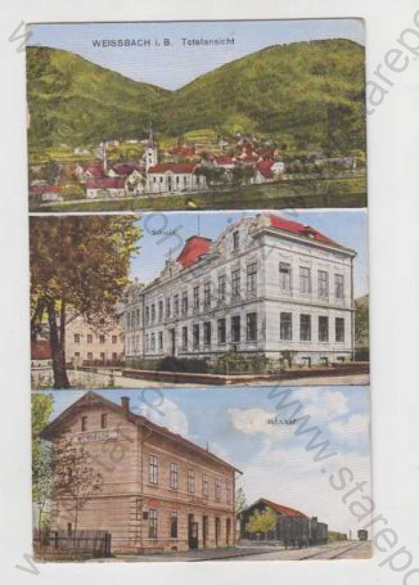  - Bílý Potok (Weissbach) - Liberec, více záběrů, celkový pohled, škola, nádraží, kolorovaná