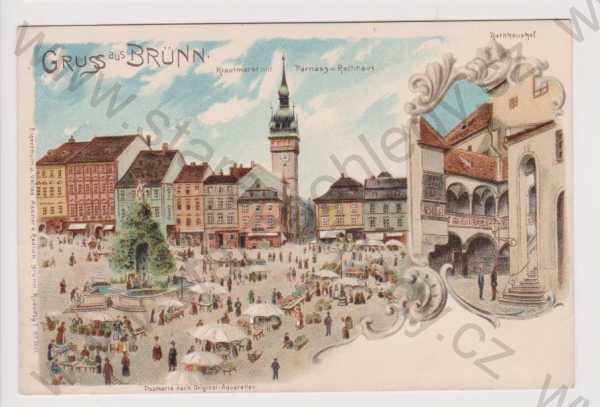  - Brno (Brünn) - náměstí, trh, radnice, nádvoří, litografie, koláž, DA, kolorovaná
