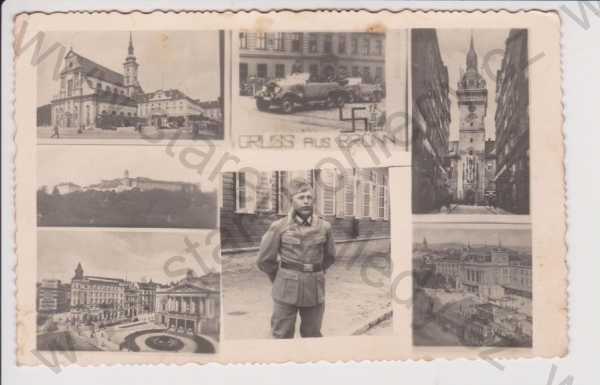  - Brno (Brünn), více záběrů, nacistický znak, auto, tramvaj, Hans Heim foto