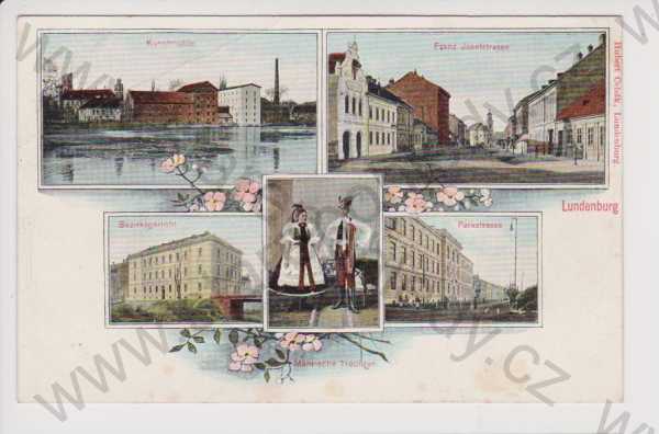  - Břeclav (Lundenburg) - mlýn, třída Františka Josefa, soud, Parkstrasse, kroj, koláž, kolorovaná, DA