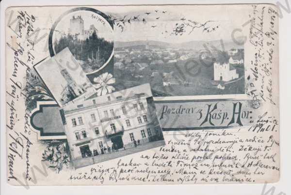  - Kašperské Hory (Bergreichenstein) - celkový pohled, Kašperk hrad, kostel, Hotel Skála, koláž, DA