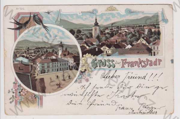  - Frenštát pod Radhoštěm (Frankstadt) - celkový pohled, střed města, litografie, DA, koláž, kolorovaná