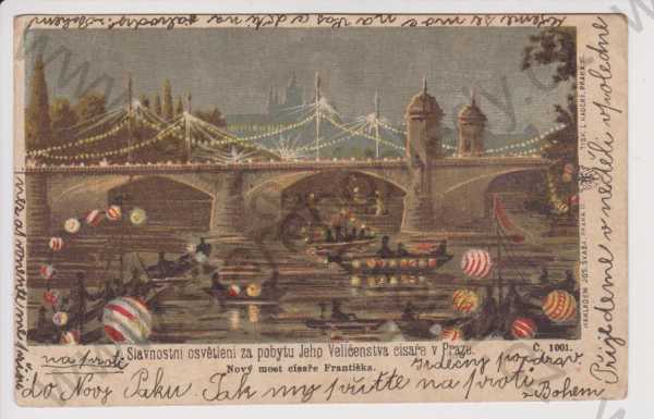  - Praha - most - František Josef I. - slavnostní osvětlení, litografie, kolorovaná, DA