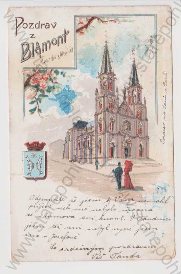  - Francie - Blamont - kostel, znak, litografie, DA, koláž, kolorovaná