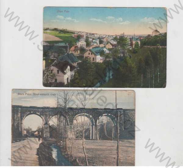  - 2x Stará Paka (Jičín), celkový pohled, viadukt, most, kolorovaná