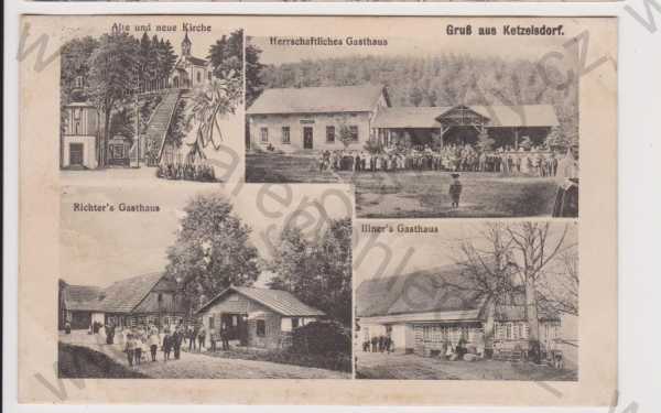  - Trutnov  - Kocléřov (Ketzelsdorf) - hostinec, kostel, více záběrů, koláž