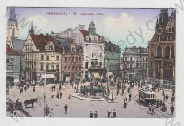  - Liberec (Reichenberg), náměstí, radnice, kůň, kočár, povoz, tramvaj, kolorovaná