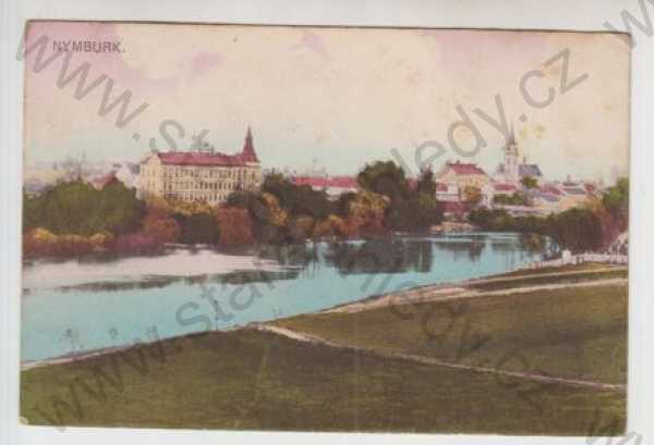  - Nymburk, částečný záběr města, řeka, kolorovaná