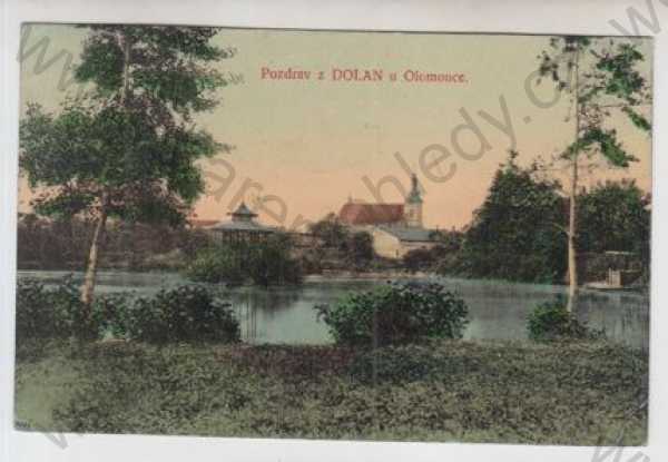  - Dolany (Olomouc), rybník, částečný záběr města, kolorovaná