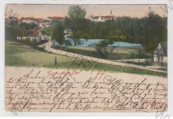  - Hořice (Horitz) - Český Krumlov, rybník, částečný záběr města, kolorovaná, DA