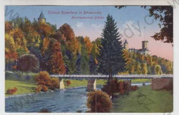  - Rožmberg (Rosenberg) - Český Krumlov, hrad, řeka, most, kolorovaná, foto J.Seidel