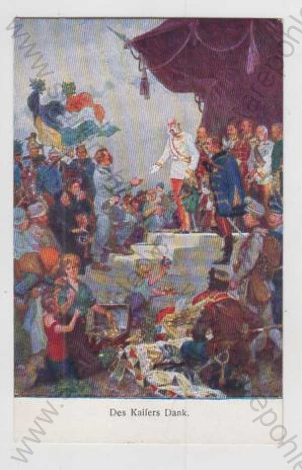  - Osobnosti, František Josef I., vlajka, dav, shromáždění, kolorovaná