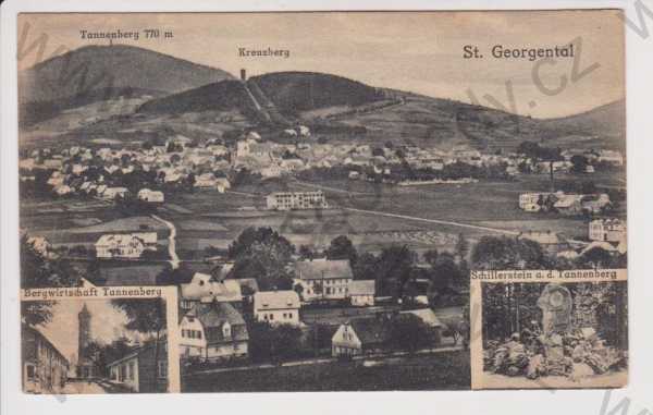  - Jiřetín pod Jedlovou (St. Georgental) - celkový pohled, Jedlová rozhledna, pomník, razítko poštovna Tannenberg