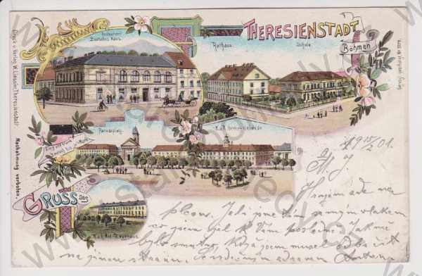  - Terezín (Theresienstadt) - radnice, škola, náměstí, restaurace německý dům, zbrojnice, litografie, DA, koláž, kolorovaná
