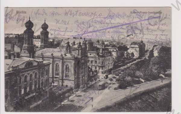  - Polsko - Bielitz - ulice císaře Františka Josefa, synagoga, TRAMVAJ