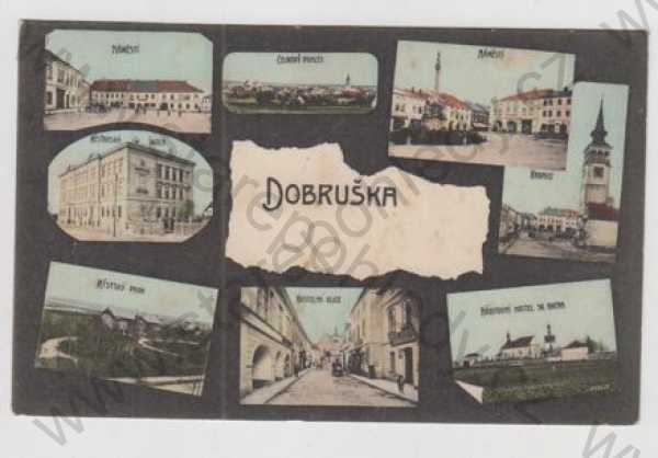  - Dobruška (Rychnov nad Kněžnou), více záběrů, náměstí, celkový pohled, radnice, park, pohled ulicí, Kostelní ulice, kostel, hřbitov, kolorovaná