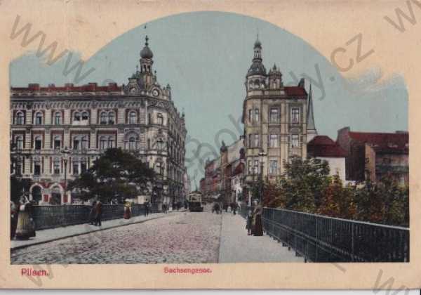  - Plzeň - Pilsen, most, tramvaj, ulice, kolorovaná, litografie