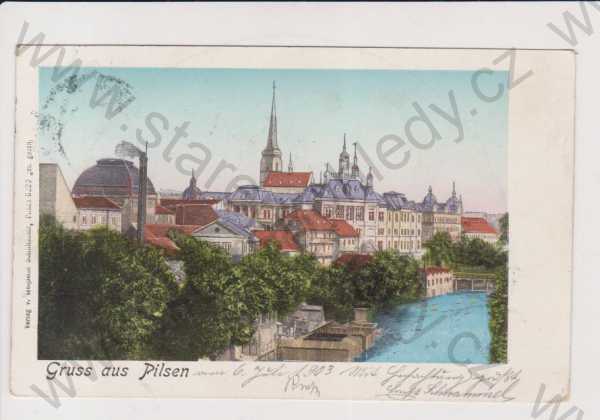  - Plzeň - Pilsen, panorama, kresba, kolorovaná, zlacení (vícebarevné), DA