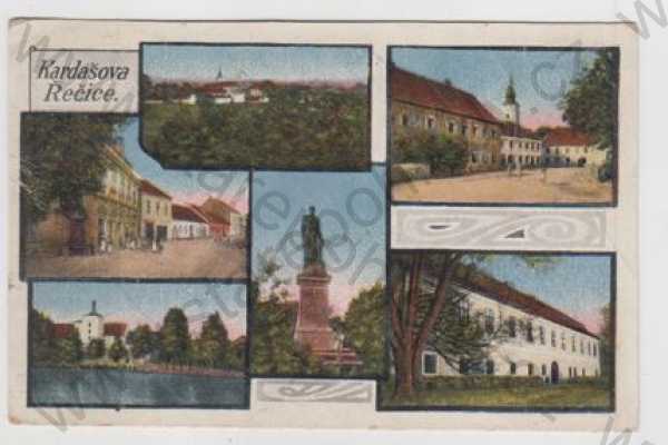  - Kardašova Řečice (Jindřichův Hradec), více záběrů, celkový pohled, pohled ulicí, socha, rybník, kolorovaná