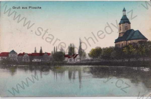  - Blažim - Ploscha (Louny) částečný záběr města, kostel, rybník, litografie, kolorovaná
