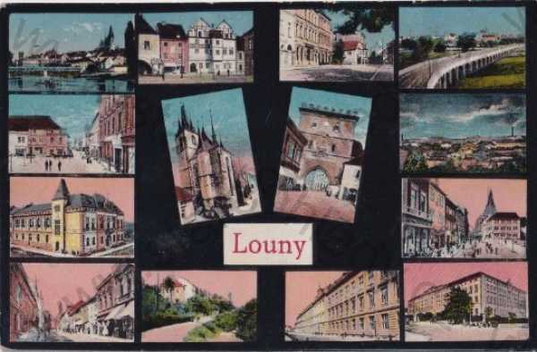  - Louny, více záběrů: celkový pohled, náměstí, domy, most, ulice, kostel, brána, obchody