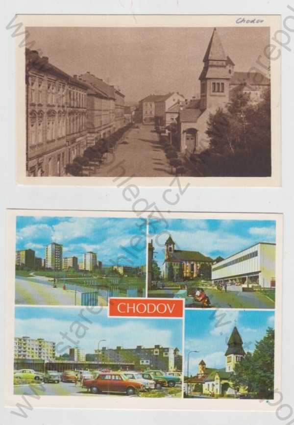  - 2x Chodov (Sokolov), pohled ulicí, automobil, sídliště, kostel, kočárek