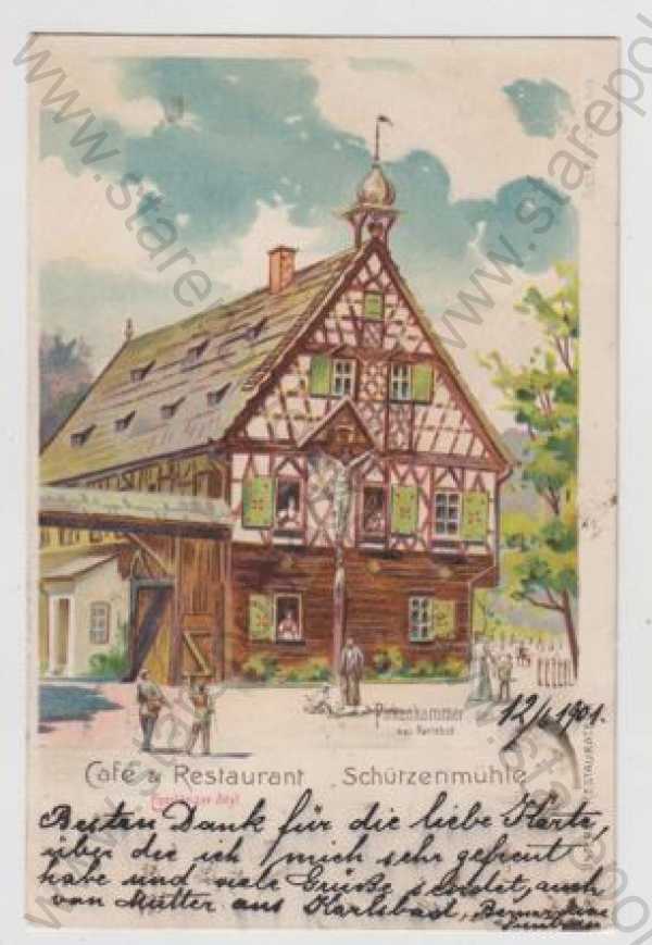  - Starý mlýn (Schützenmühle) - Cheb, kavárna, restaurace, kolorovaná, DA