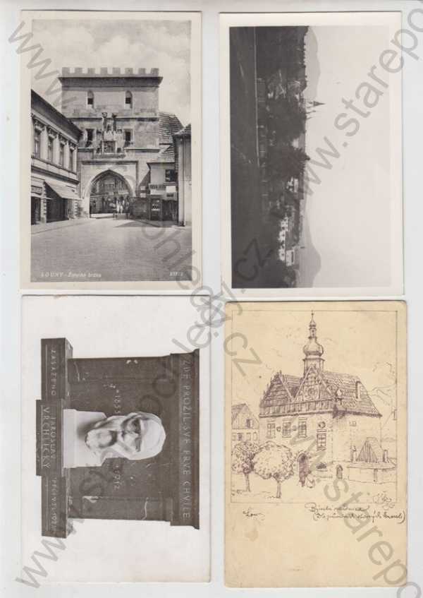  - 4x Louny, Žatecká brána, celkový pohled, Jaroslav Vrchlický, pomník, radnice (kresba)