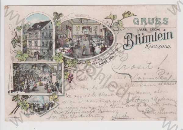  - Karlovy Vary (Karlsbad) - Blümlein, vinárna, interiér, exteriér, litografie, koláž, kolorovaná, DA
