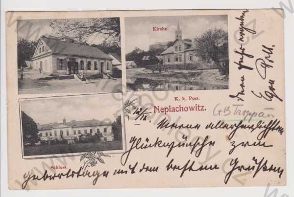  - Neplachovice (Neplachowitz) - kostel, pošta, zámek, obchod, koláž, DA