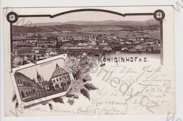  - Dvůr Králové nad Labem (Königinhof) - celkový pohled, náměstí, litografie, koláž, DA