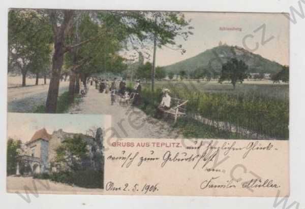  - Teplice (Teplitz), více pohledů, Doubravská hora (Schlossberg), kolorovaná