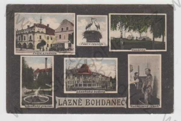  - Lázně Bohdaneč (Pardubice), více záběrů, pošta, radnice, čáp, kasárny, pramen, lázně, kolorovaná