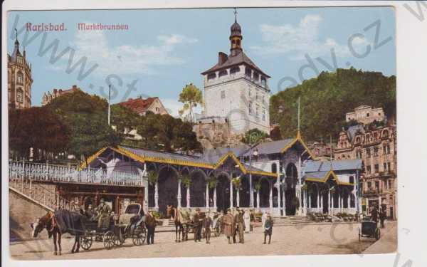  - Karlovy Vary (Karlsbad) - Marktbrunnen, kůň, kočár, kolorovaná
