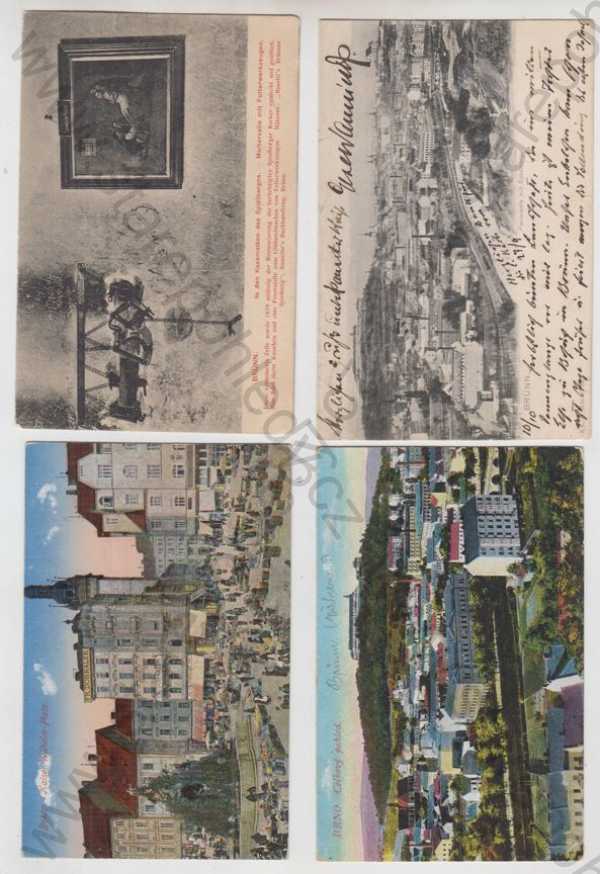  - 4x Brno (Brünn), Špilberk (Spilberg), interiée, obraz, mučírna, celkový pohled, náměstí, částečný záběr města, kolorovaná