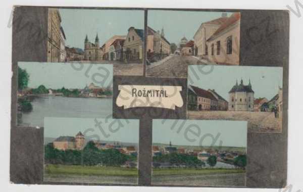  - Rožmitál (Český Krumlov), více záběrů, náměstí, pohled ulicí, rybník, celkový pohled, kolorovaná