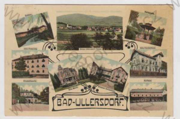  - Lázně Velké Losiny (Bad Ullersdorf), více záběrů, celkový pohled, zámek, pramen, lázně, vila, kolorovaná