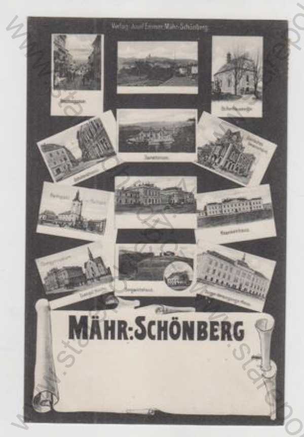  - Šumperk (Mähr. Schönberg), více záběrů, pohled ulicí, celkový pohled, kostel, sanatorium