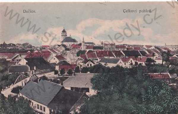  - Dačice, Jindřichův Hradec, celkový pohled, kostel, most, kolorovaná, kresba