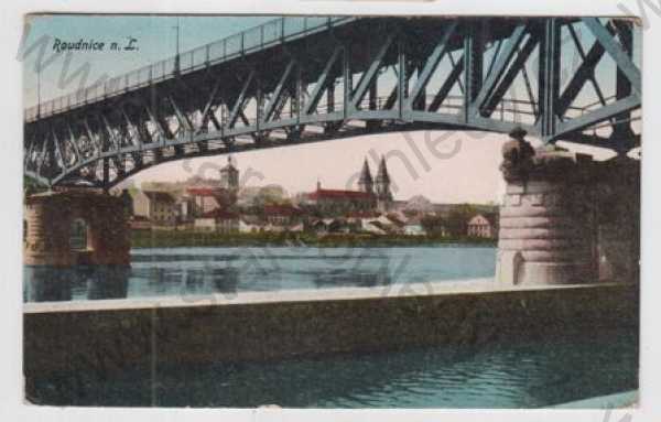  - Roudnice nad Labem (Litoměřice), řeka, Labe, most, částečný záběr města, kolorovaná