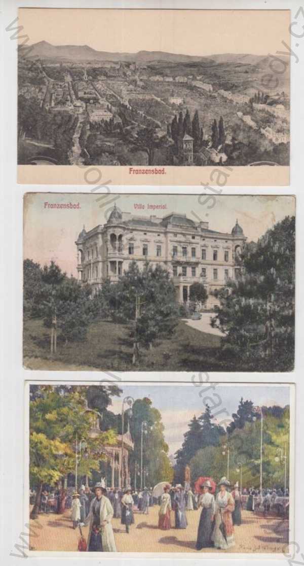 - 3x Františkovy lázně (Franzensbad) - Cheb, celkový pohled, Villa Imperial, promenáda, kolonáda, kolorovaná