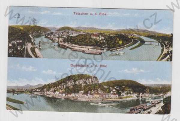  - Děčín (Tetschen, Bodenbach), více záběrů, řeka, most, loď, částečný záběr města, kolorovaná